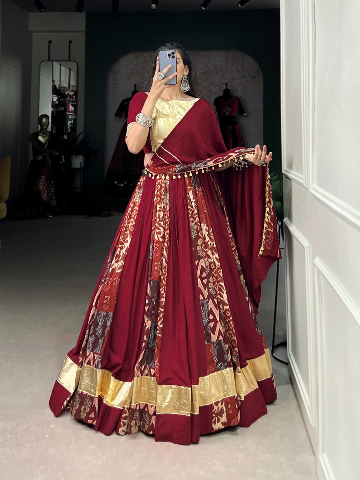 Maroon Color Rayon With Tussar Silk Plain And Printed With Embossed Design Gota Lace Touch up