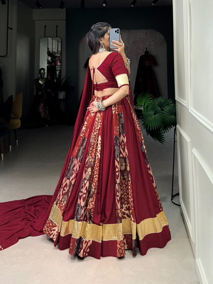 Maroon Color Rayon With Tussar Silk Plain And Printed With Embossed Design Gota Lace Touch up