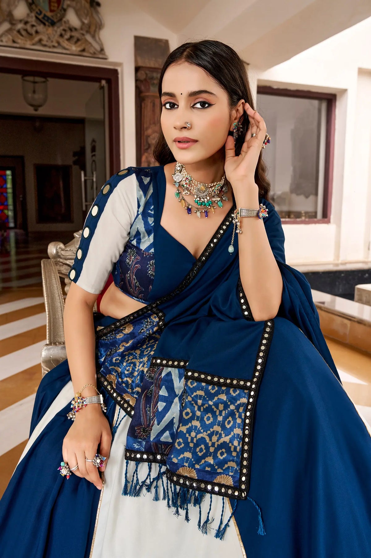 6 Meter Flair | Blue-White Navratri Lehenga Choli With Mirror Work