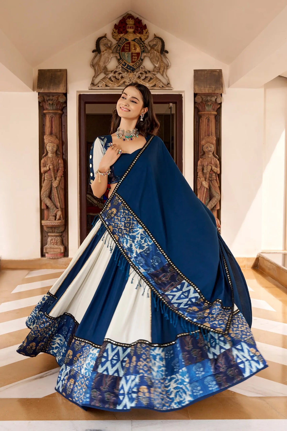6 Meter Flair | Blue-White Navratri Lehenga Choli With Mirror Work