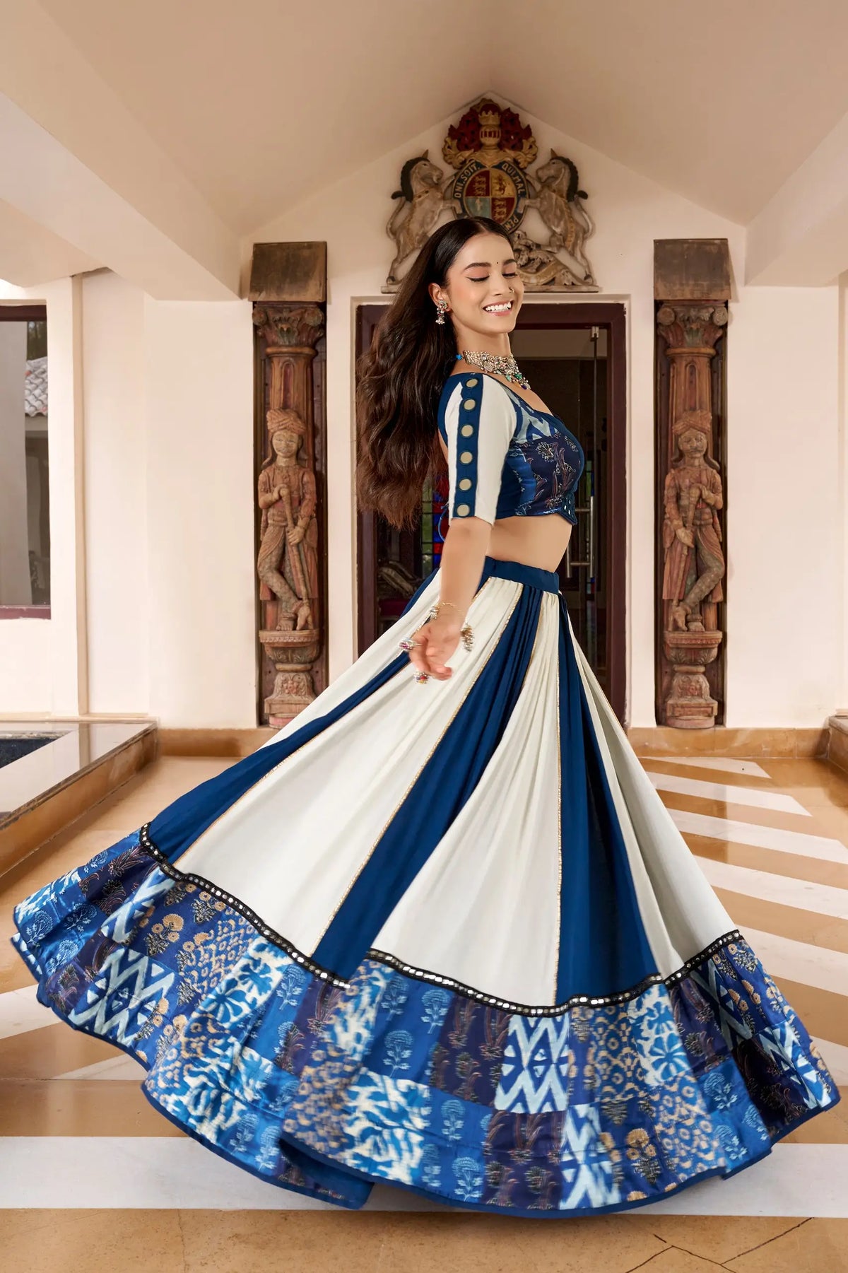 6 Meter Flair | Blue-White Navratri Lehenga Choli With Mirror Work
