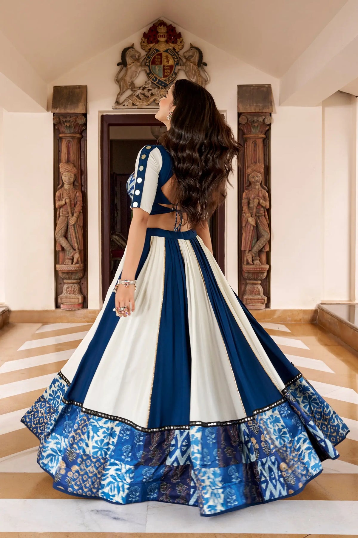 6 Meter Flair | Blue-White Navratri Lehenga Choli With Mirror Work