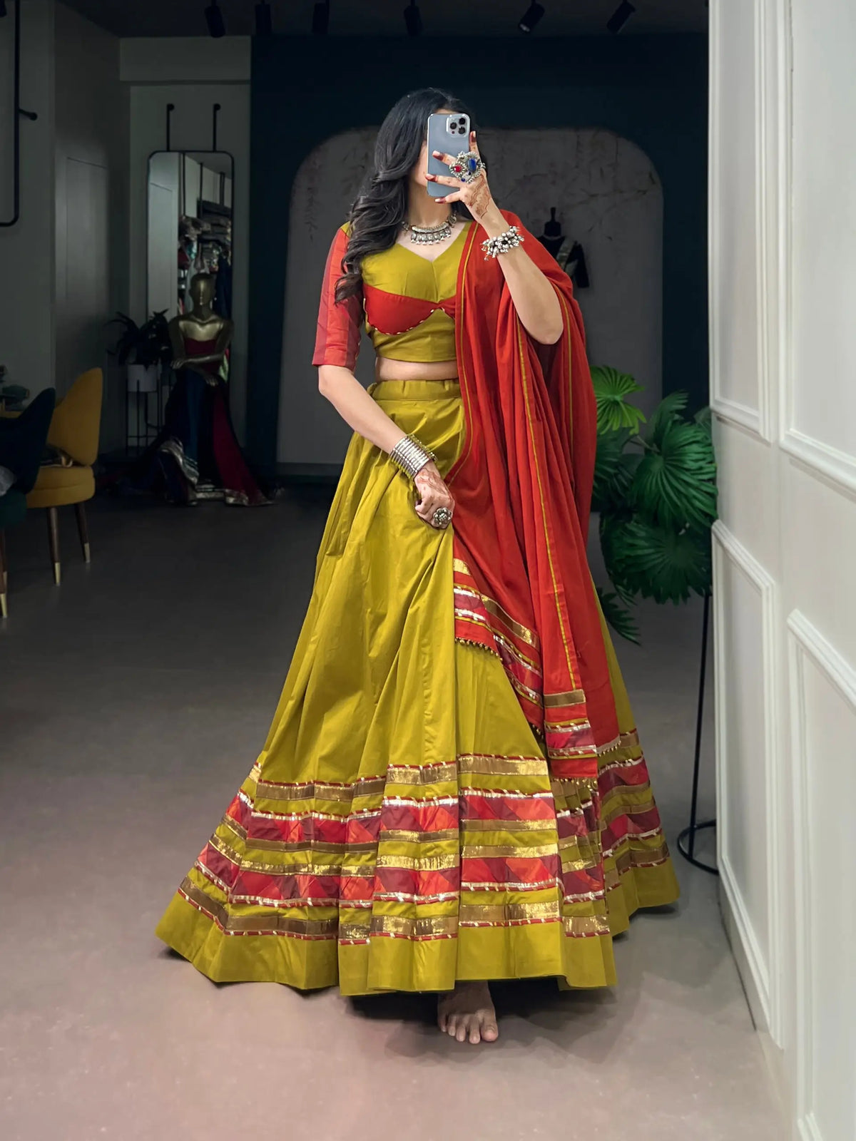 Olive Yellow Navratri Lehenga With Lace Touch Up