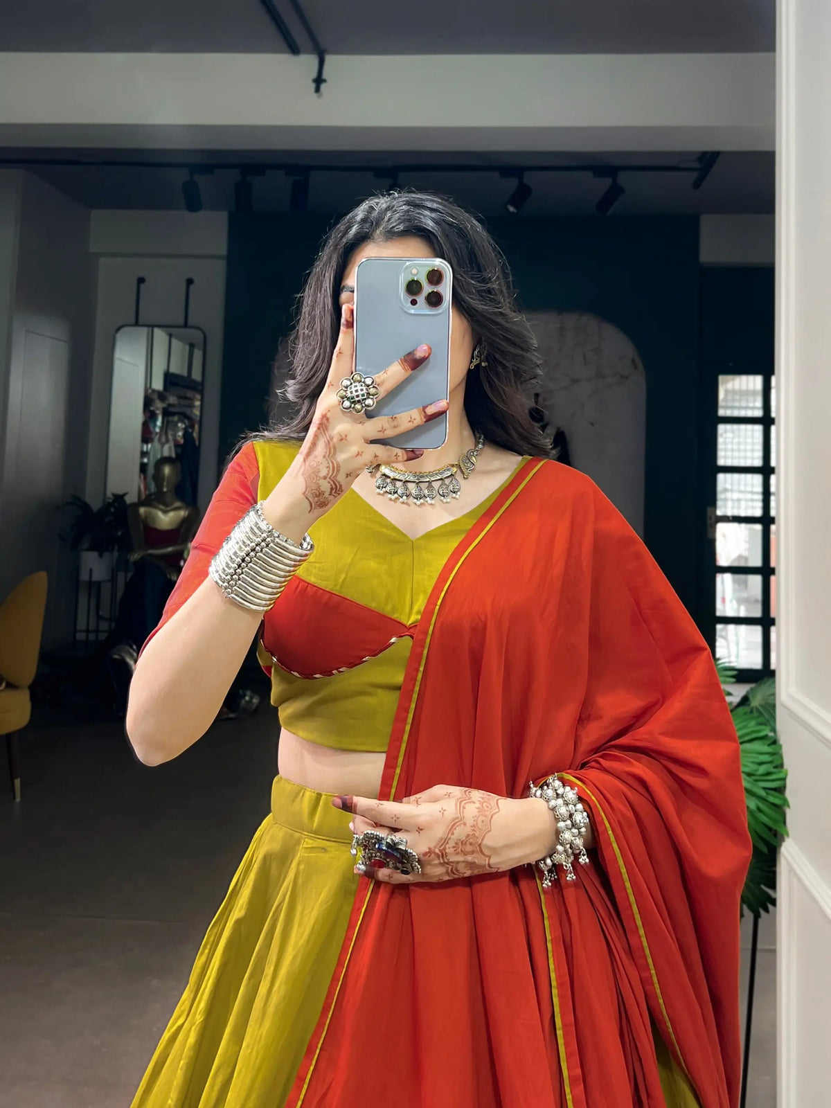 Olive Yellow Navratri Lehenga With Lace Touch Up