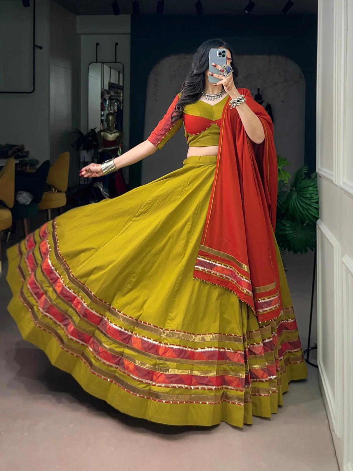 Olive Yellow Navratri Lehenga With Lace Touch Up