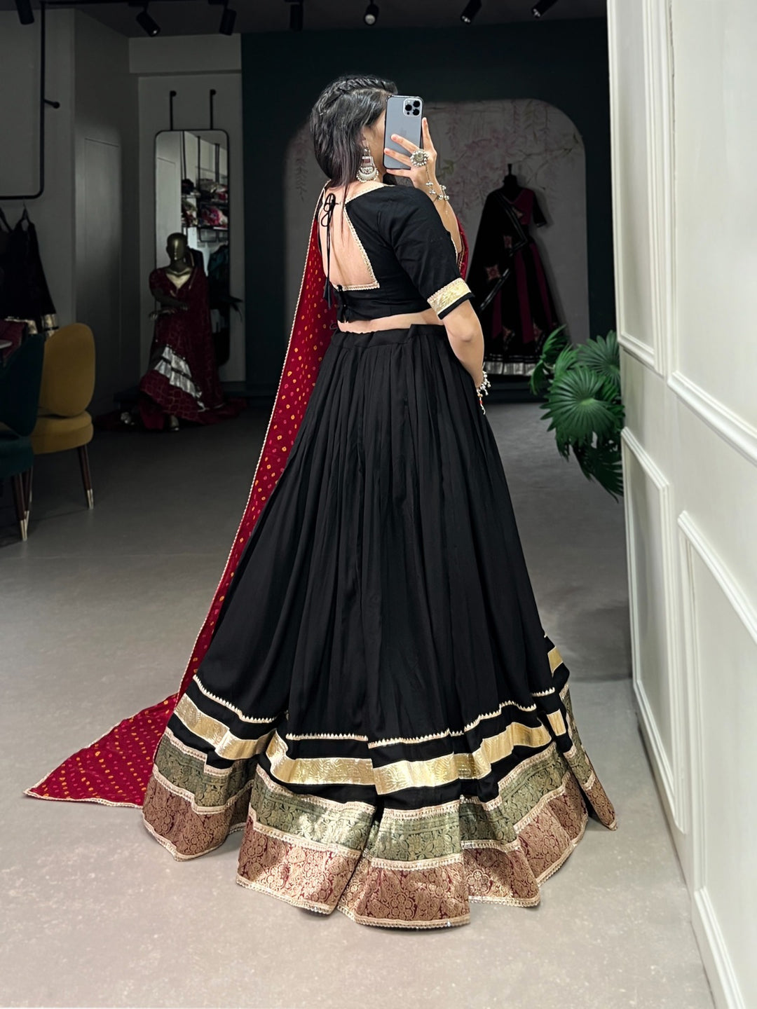 Black Color Pure RayonPlain With Jacquard And Embossed Design Gota Lace With Gota Patti Lace Touch Up