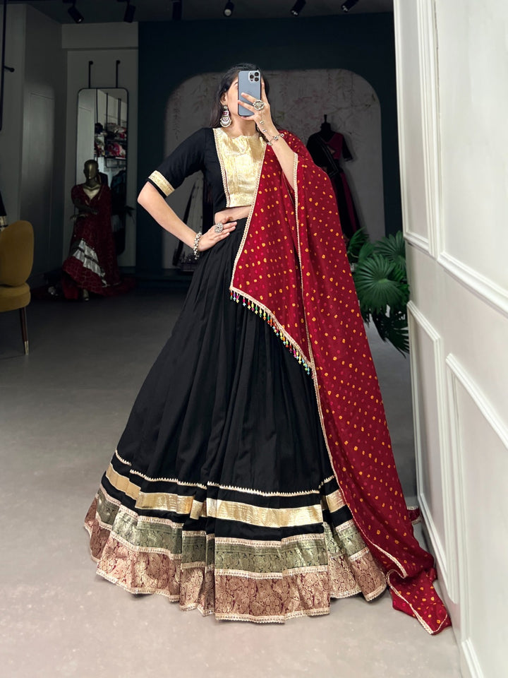 Black Color Pure RayonPlain With Jacquard And Embossed Design Gota Lace With Gota Patti Lace Touch Up