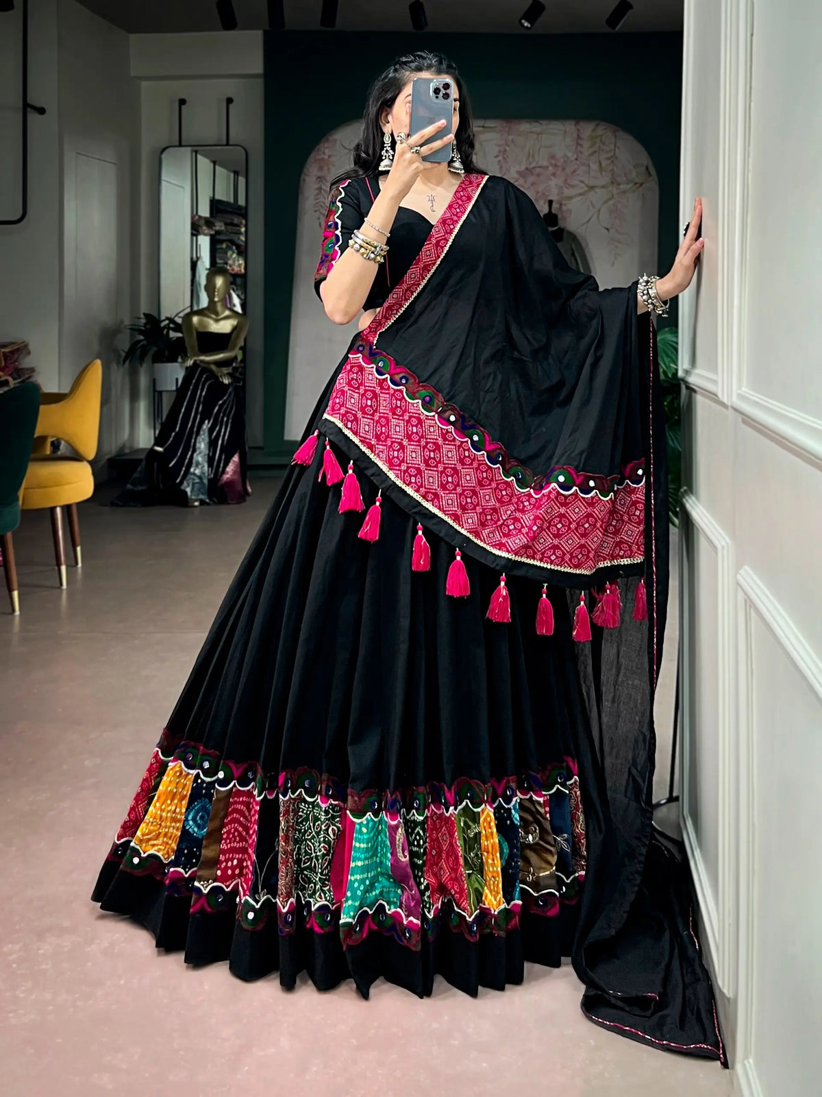 6 Meter Flair | Black Navratri Chaniya Choli With Patch & Gamthi Work