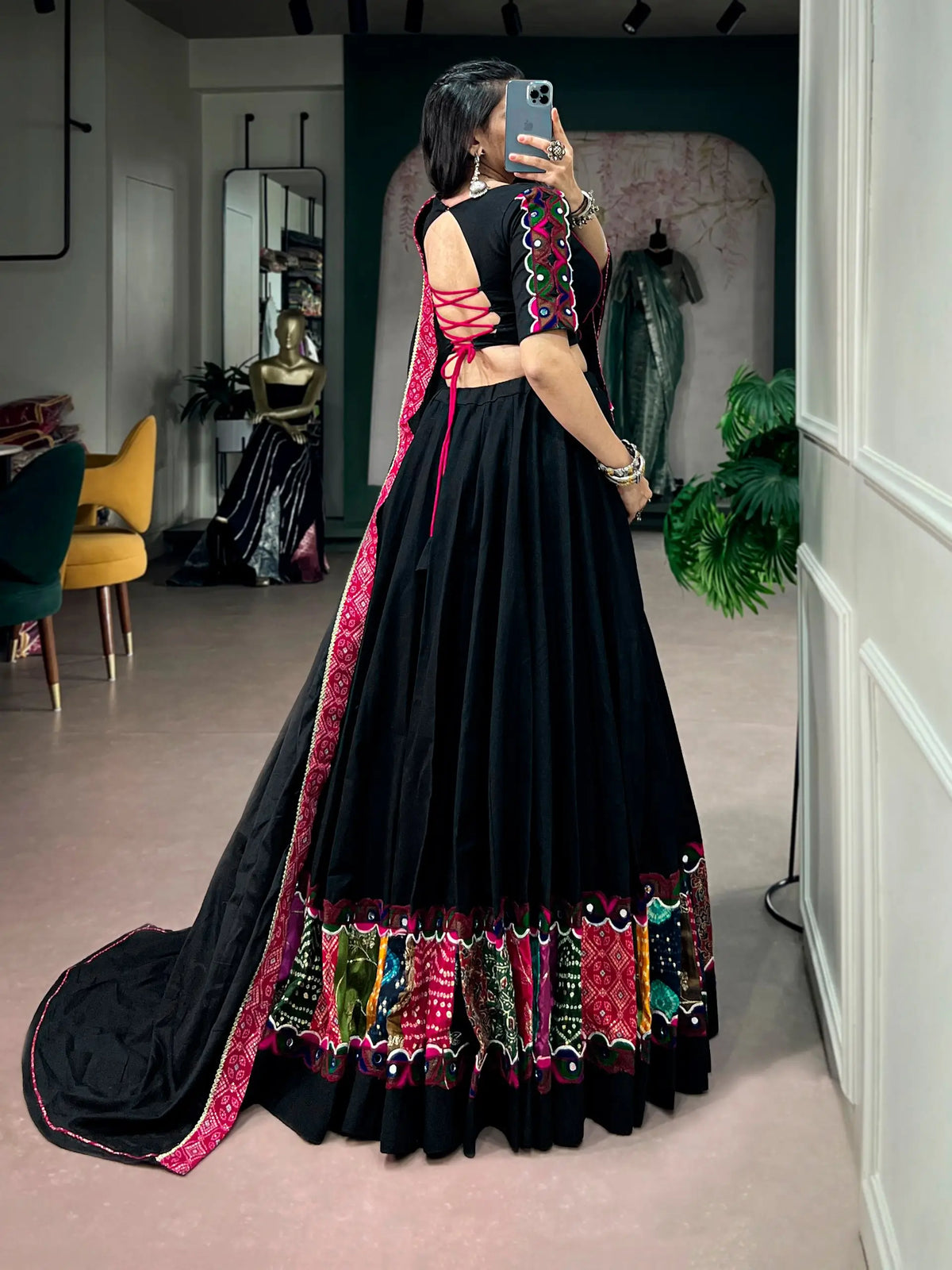 6 Meter Flair | Black Navratri Chaniya Choli With Patch & Gamthi Work