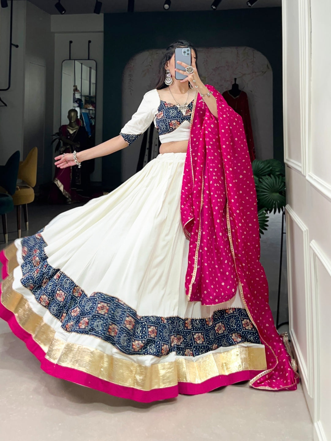 White Pure Rayon Plain With Printed And Embossed Design Lace With Gota Patti Touch Up Lehenga