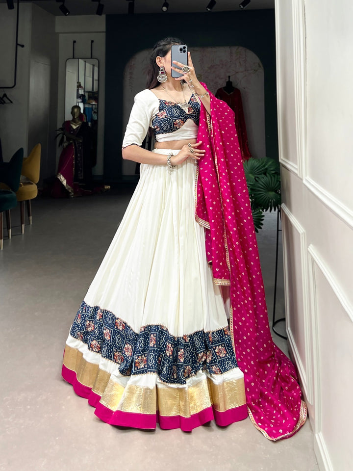 White Pure Rayon Plain With Printed And Embossed Design Lace With Gota Patti Touch Up Lehenga