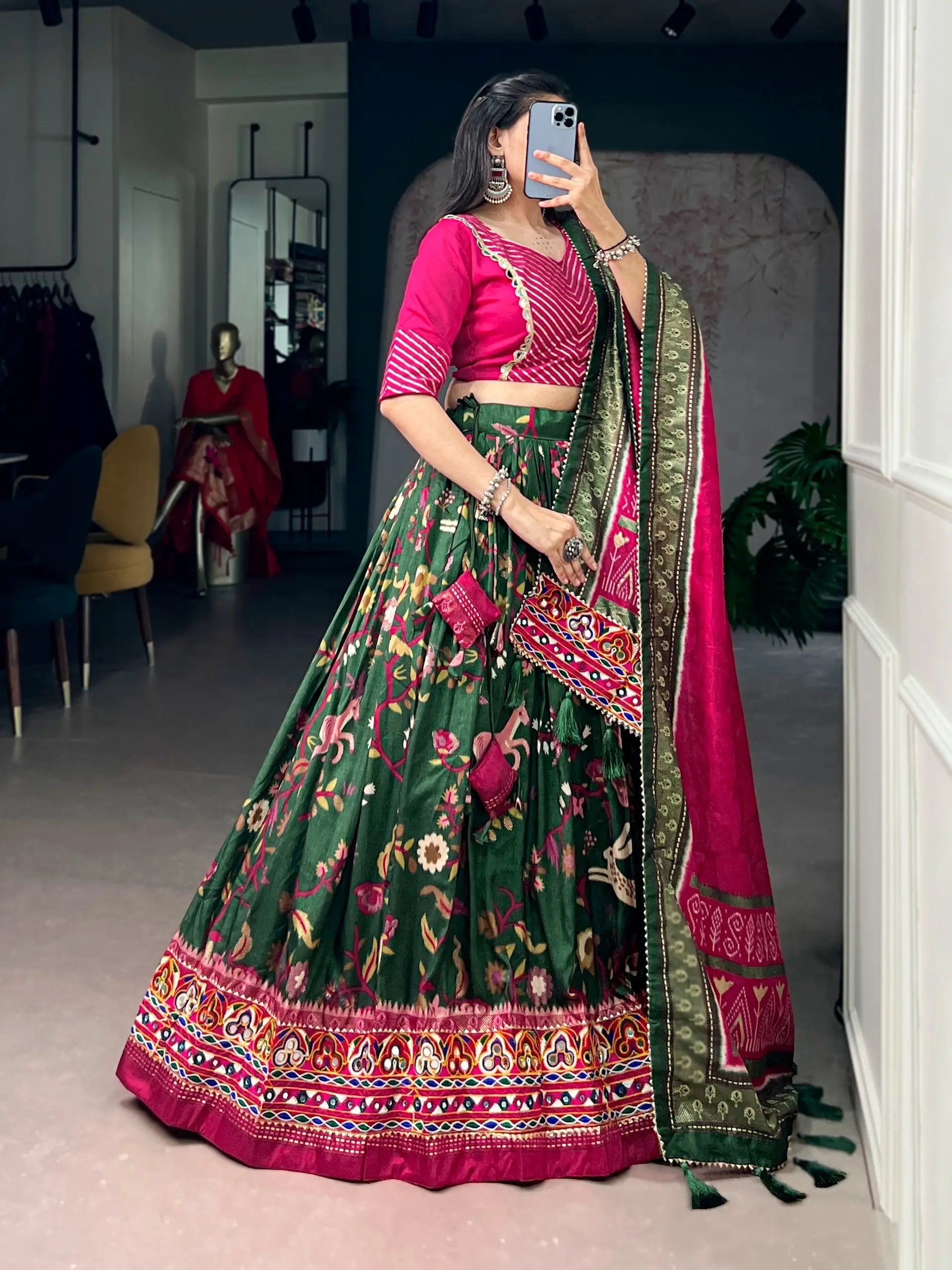 Dark Olive Navratri Lehenga Choli With Gamthi Work