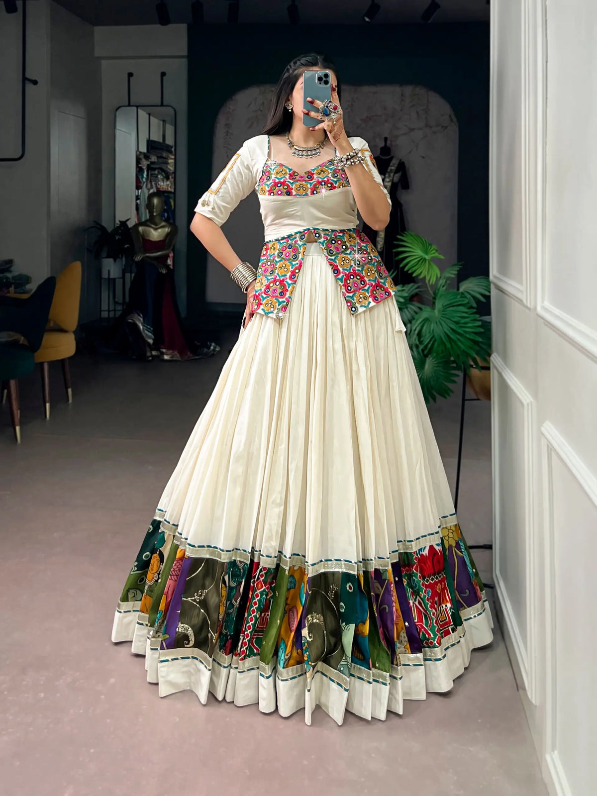 Off White Garba Chaniya Choli With Gamthi Work Blouse