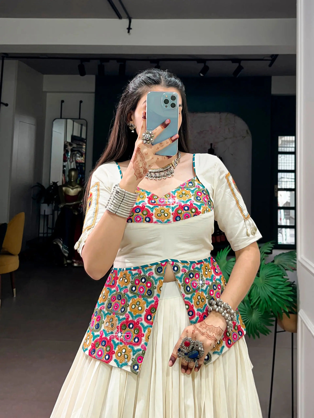 Off White Garba Chaniya Choli With Gamthi Work Blouse