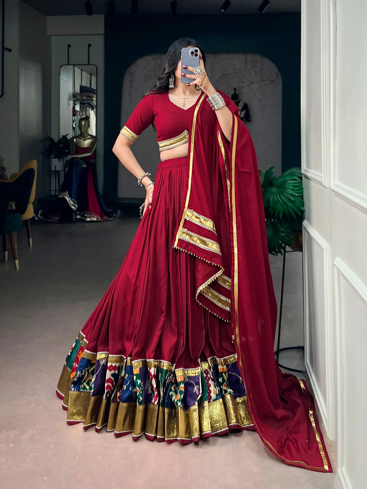 Maroon Rayon Garba Chaniya Choli With Lace Touch Up