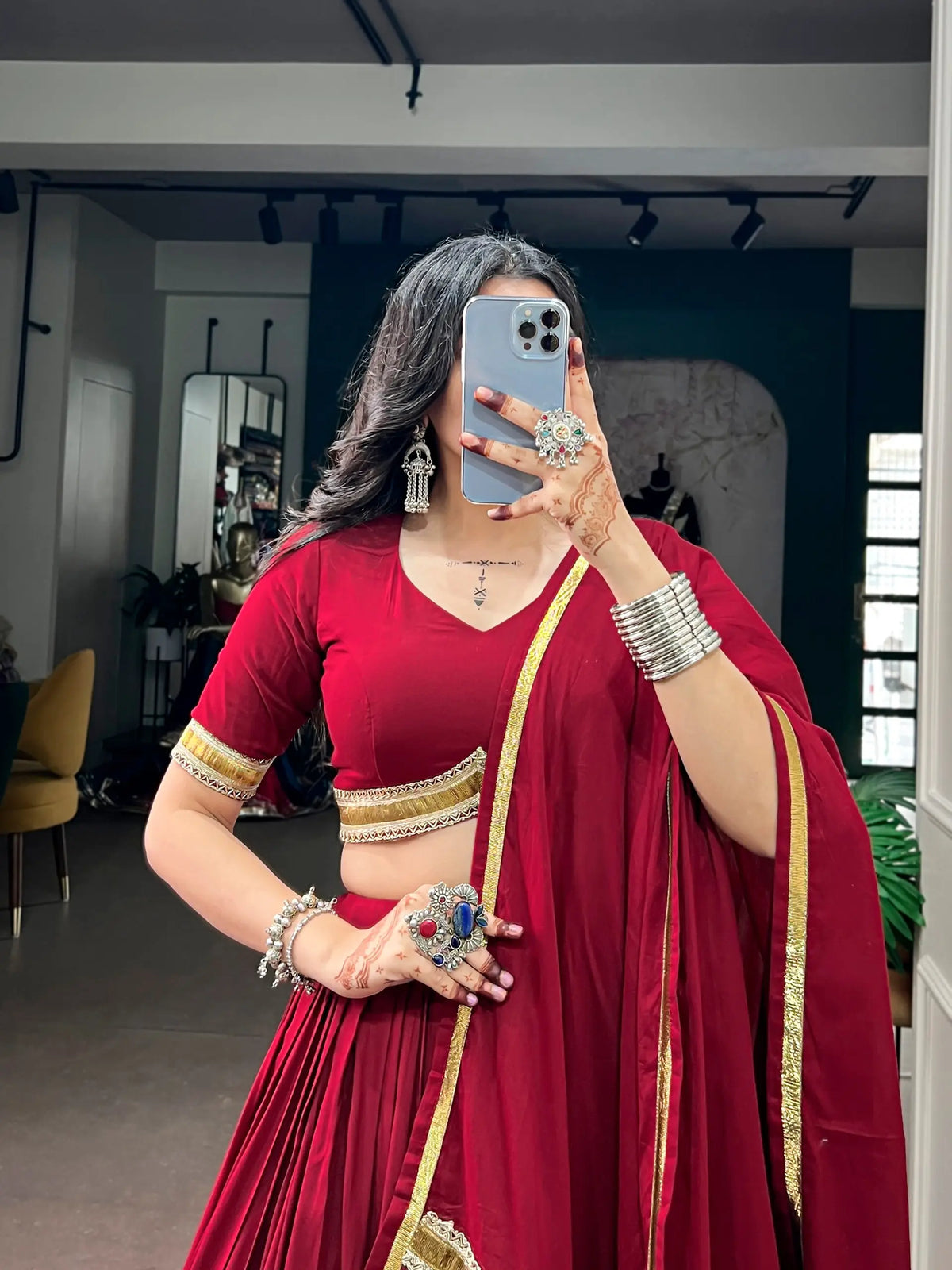 Maroon Rayon Garba Chaniya Choli With Lace Touch Up