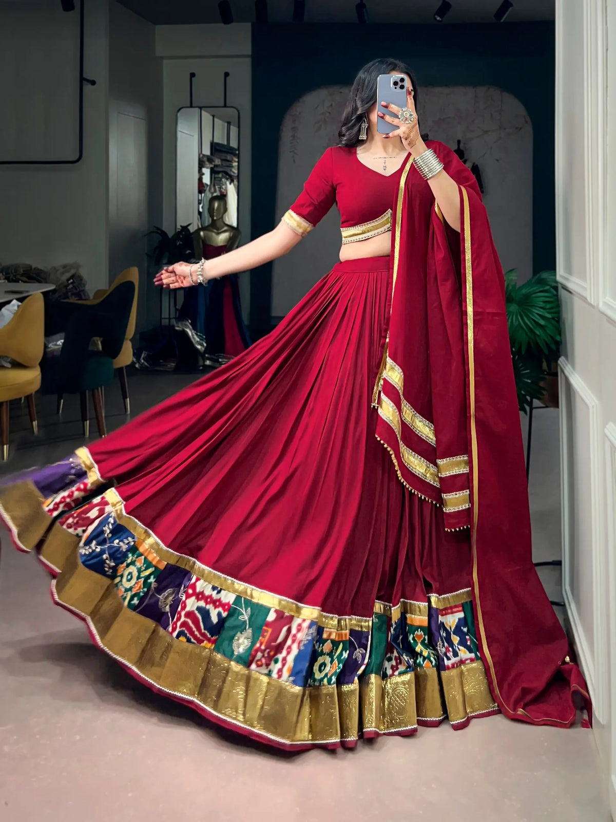 Maroon Rayon Garba Chaniya Choli With Lace Touch Up