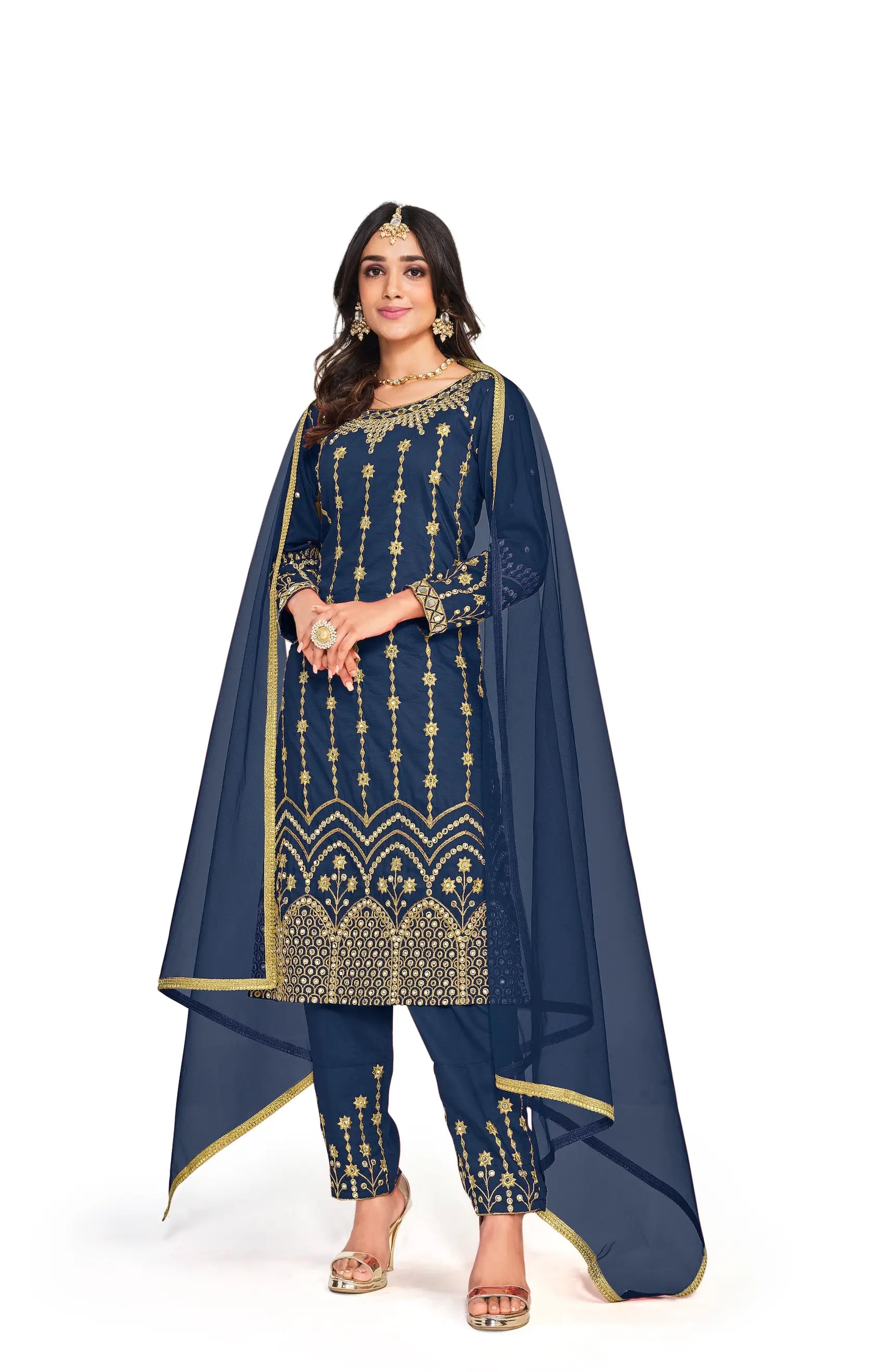 Navy Blue Bitalian Soft Silk Embroidery & Mirror Work Salwar Suit - qivii