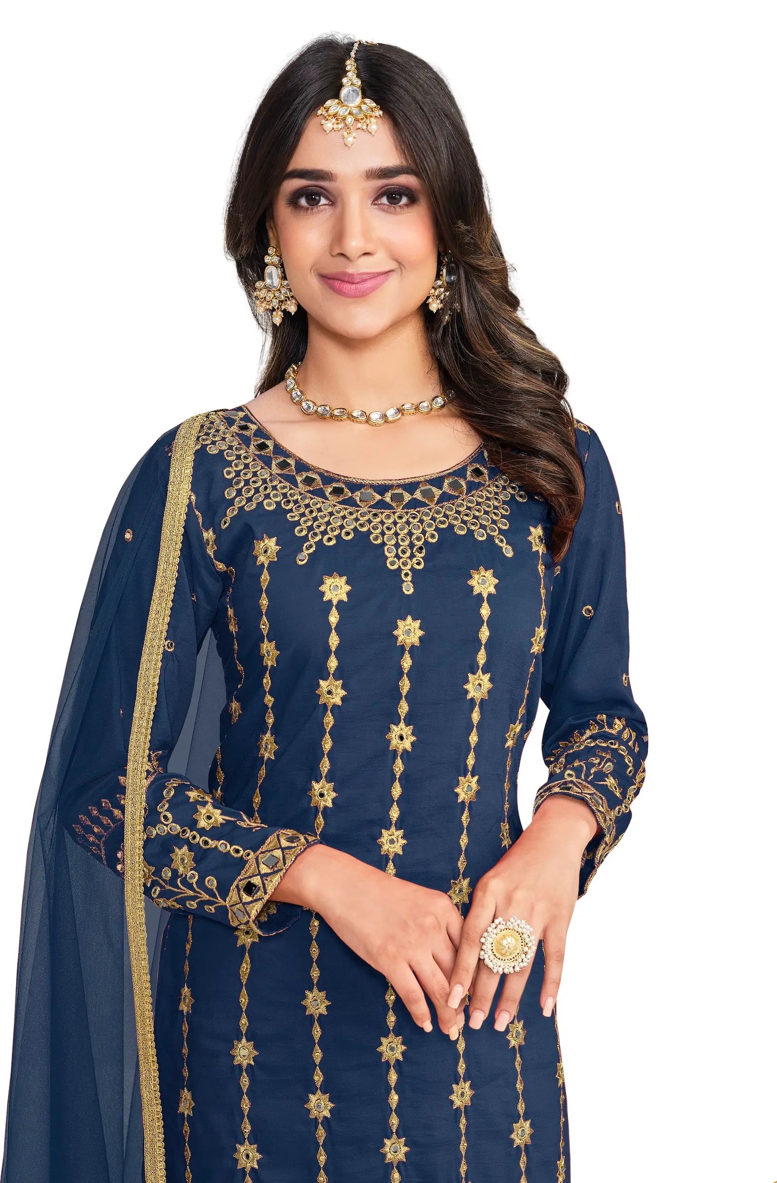 Navy Blue Bitalian Soft Silk Embroidery & Mirror Work Salwar Suit - qivii