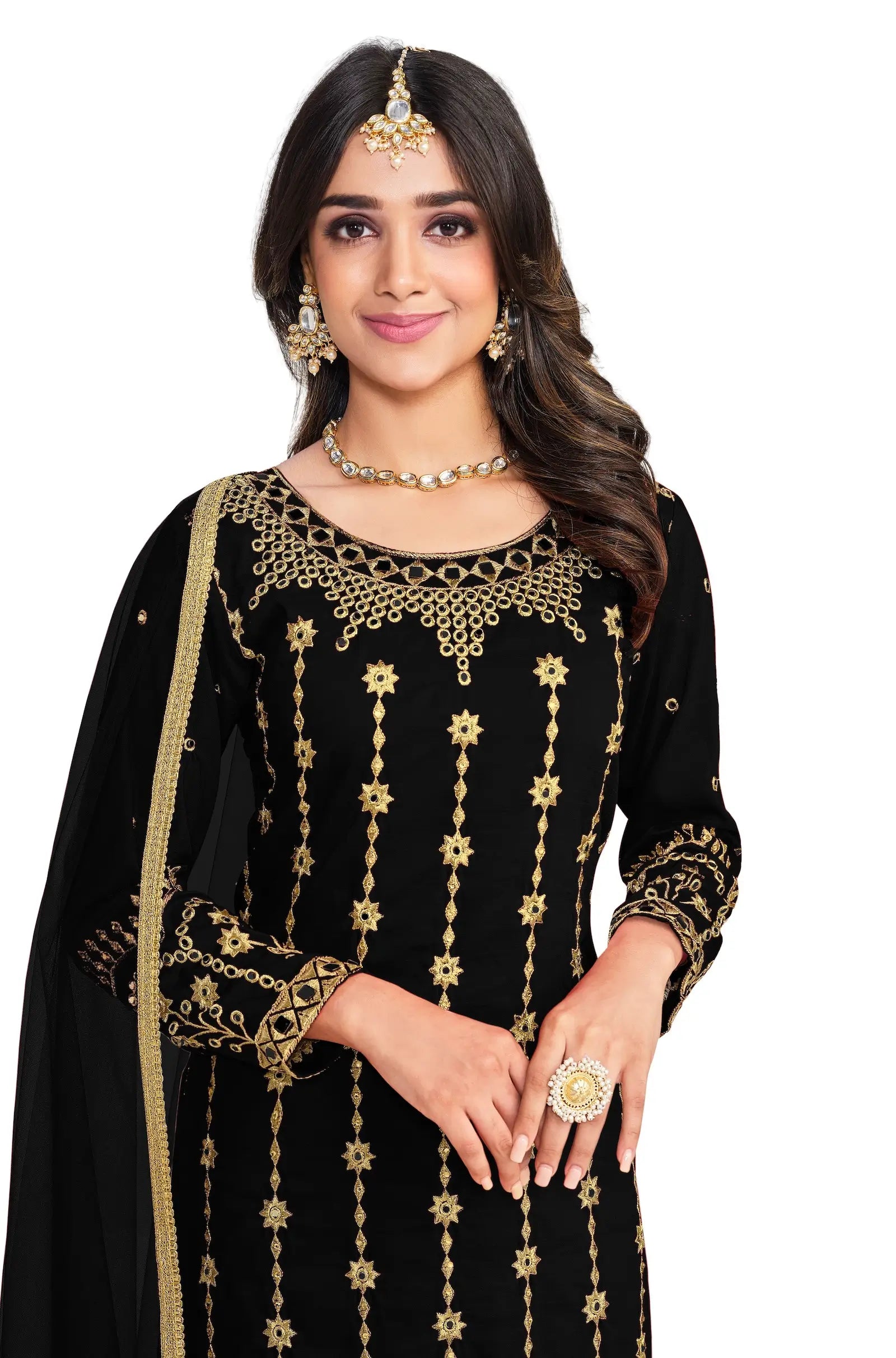 Black Bitalian Soft Silk Embroidery & Mirror Work Salwar Suit - qivii