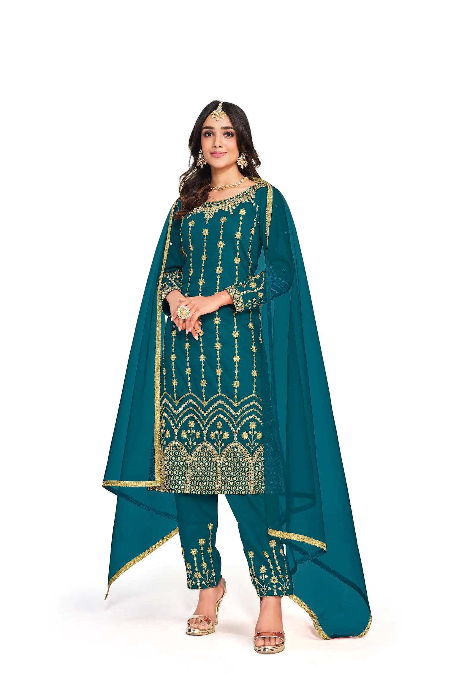 Teal Blue Bitalian Soft Silk Embroidery & Mirror Work Salwar Suit - qivii