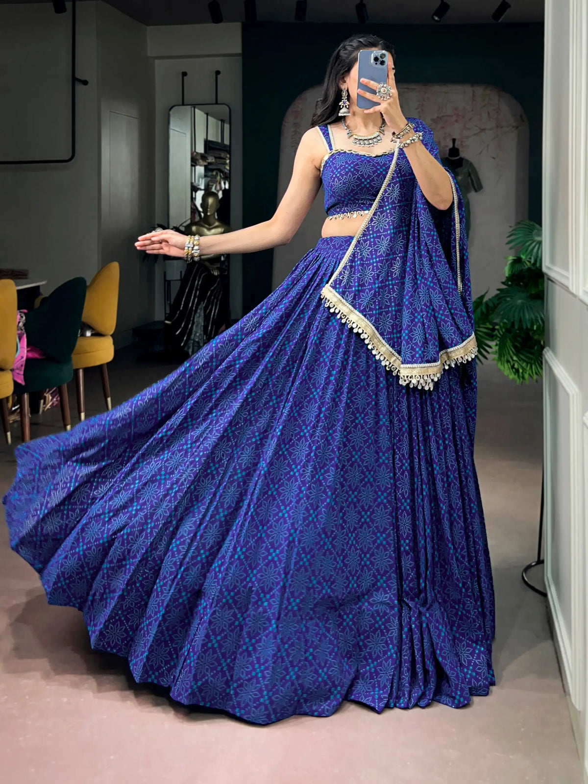 8 Meter Flair | Royal Blue Bandhej Foil Print Navratri Lehenga