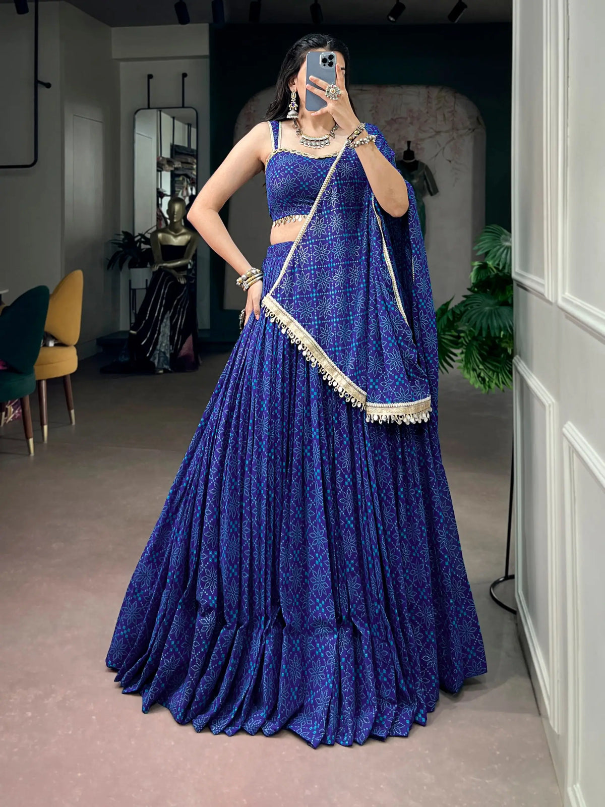 8 Meter Flair | Royal Blue Bandhej Foil Print Navratri Lehenga