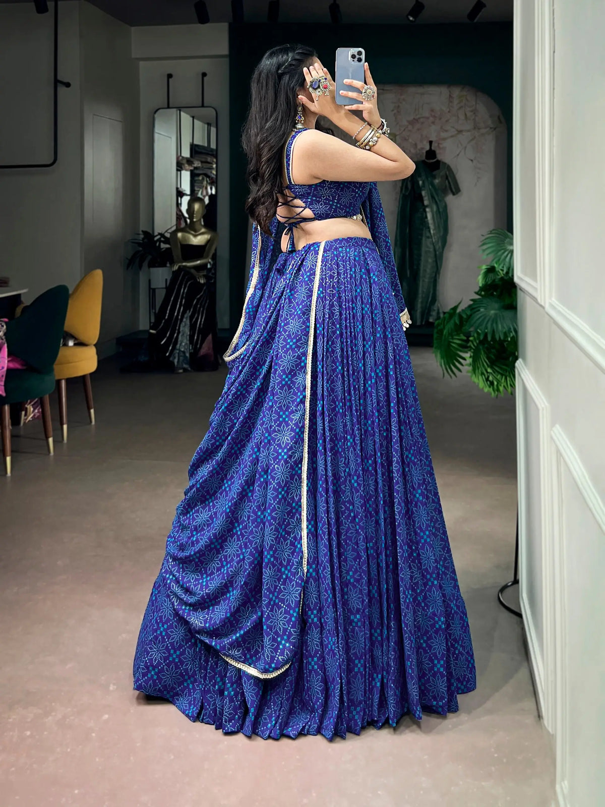 8 Meter Flair | Royal Blue Bandhej Foil Print Navratri Lehenga