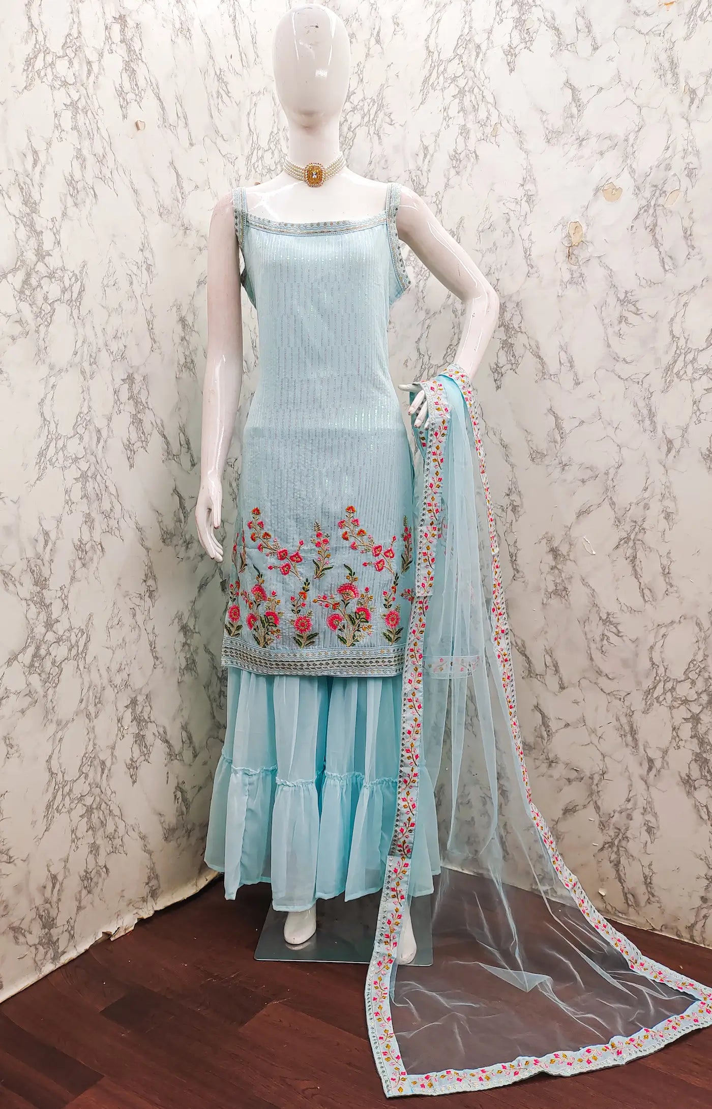 Sky Blue Georgette Sequence Embroidery Work Salwar Suit - qivii