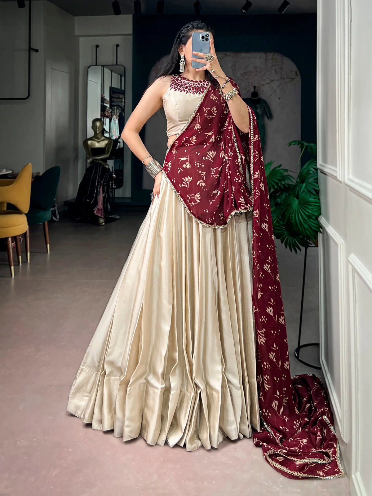 8 Meter Flair | Beige Navratri Lehenga With Mirror Work Blouse