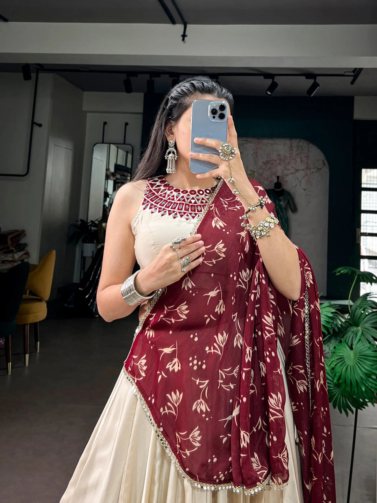 8 Meter Flair | Beige Navratri Lehenga With Mirror Work Blouse