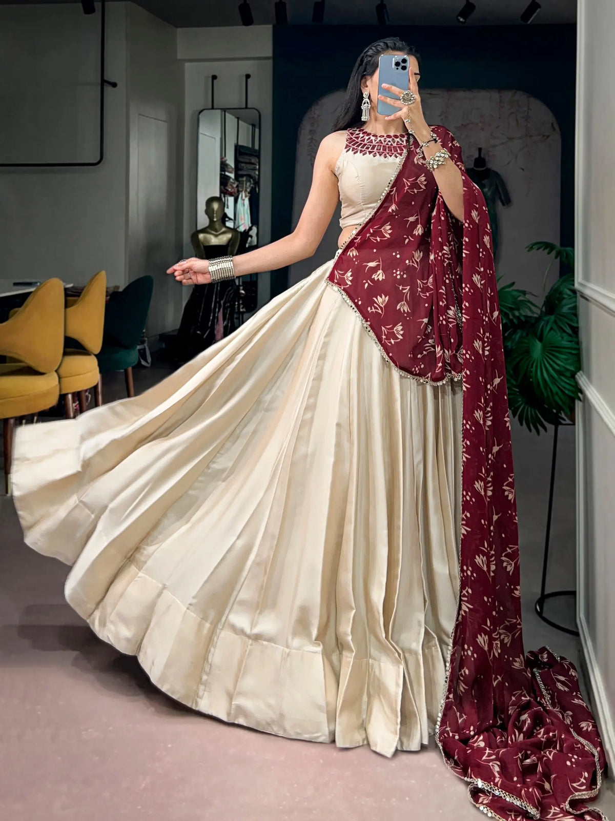 8 Meter Flair | Beige Navratri Lehenga With Mirror Work Blouse