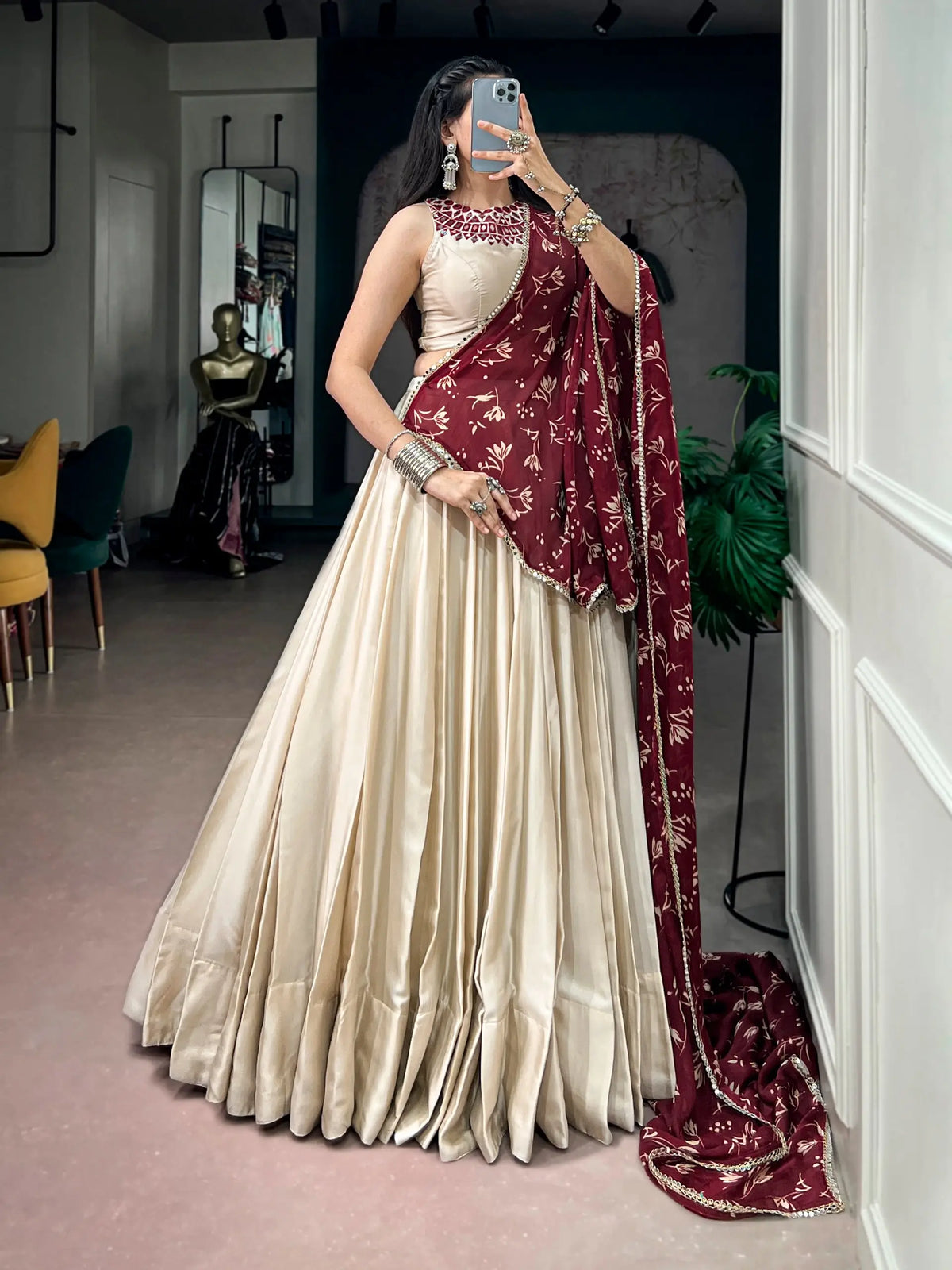 8 Meter Flair | Beige Navratri Lehenga With Mirror Work Blouse
