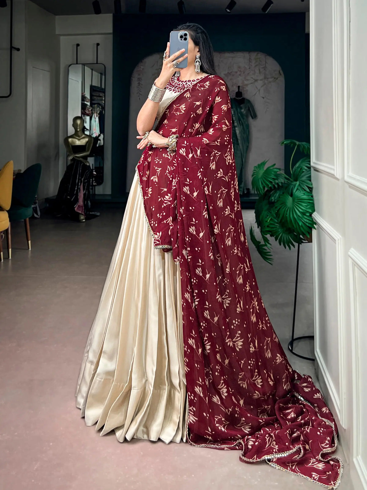 8 Meter Flair | Beige Navratri Lehenga With Mirror Work Blouse