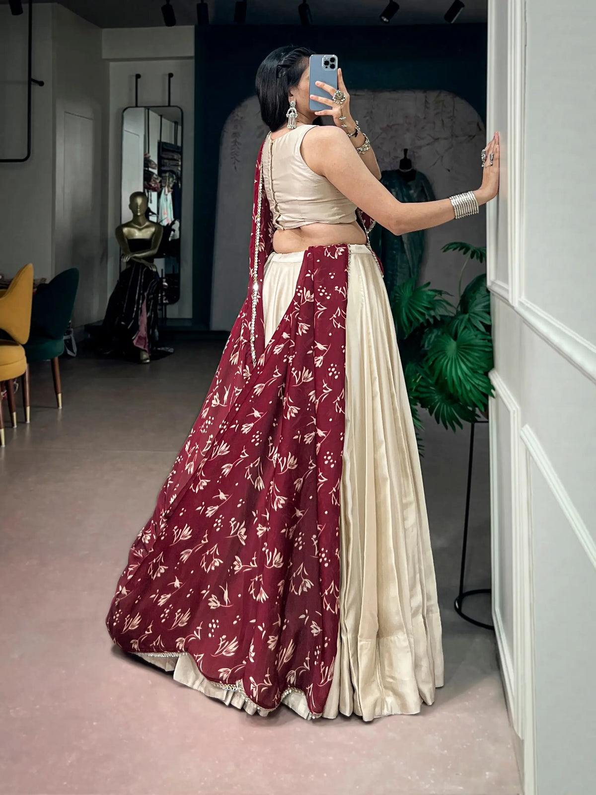 8 Meter Flair | Beige Navratri Lehenga With Mirror Work Blouse