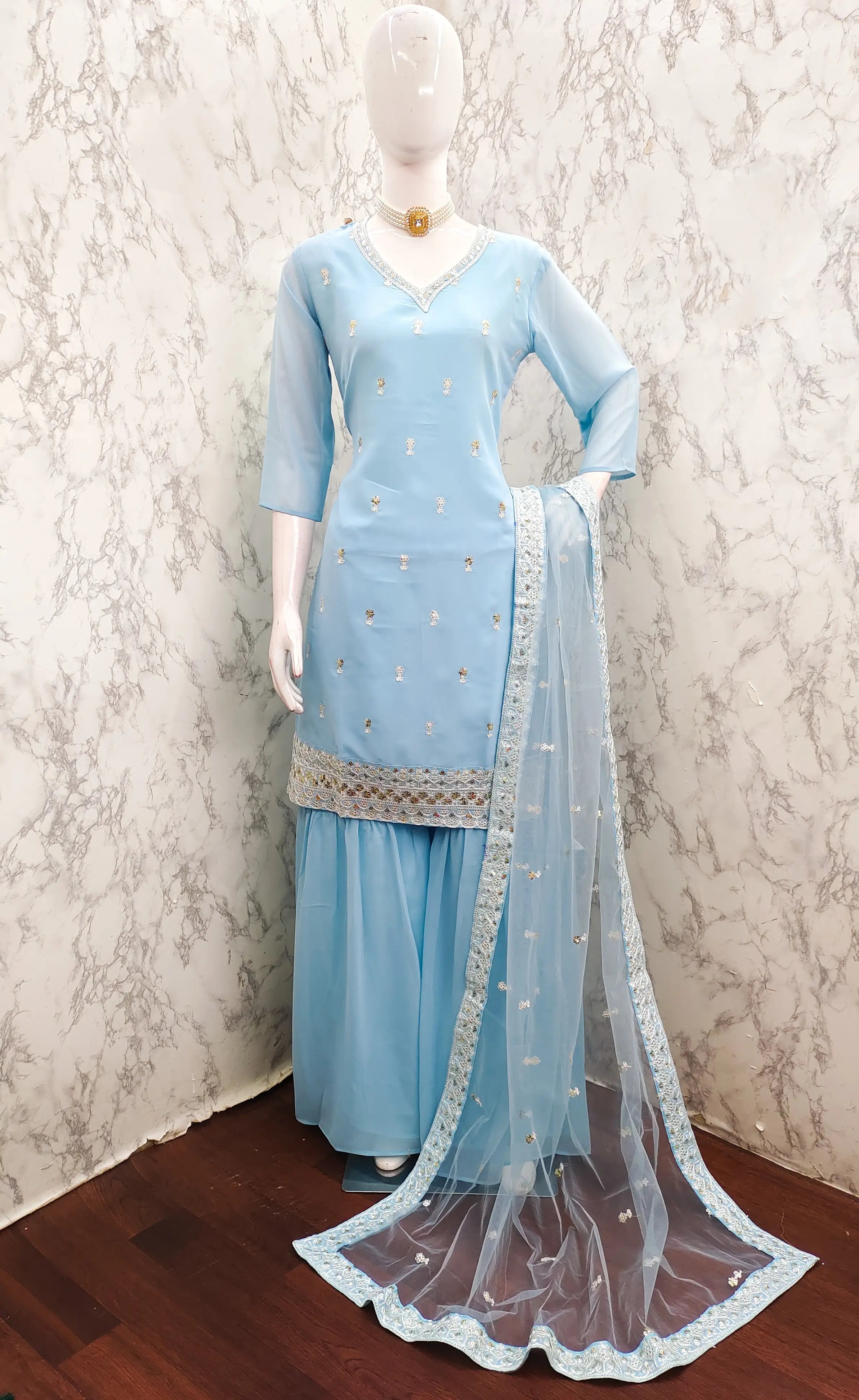 Sky Blue Georgette Salwar Suit With Sequence Embroidery Work - qivii
