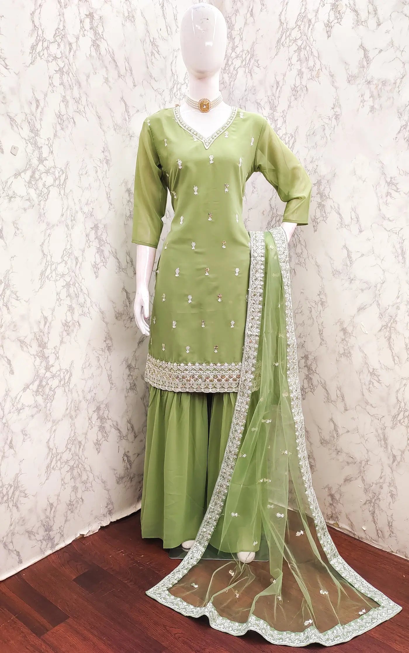 Pista Green Georgette Salwar Suit With Sequence Embroidery Work - qivii