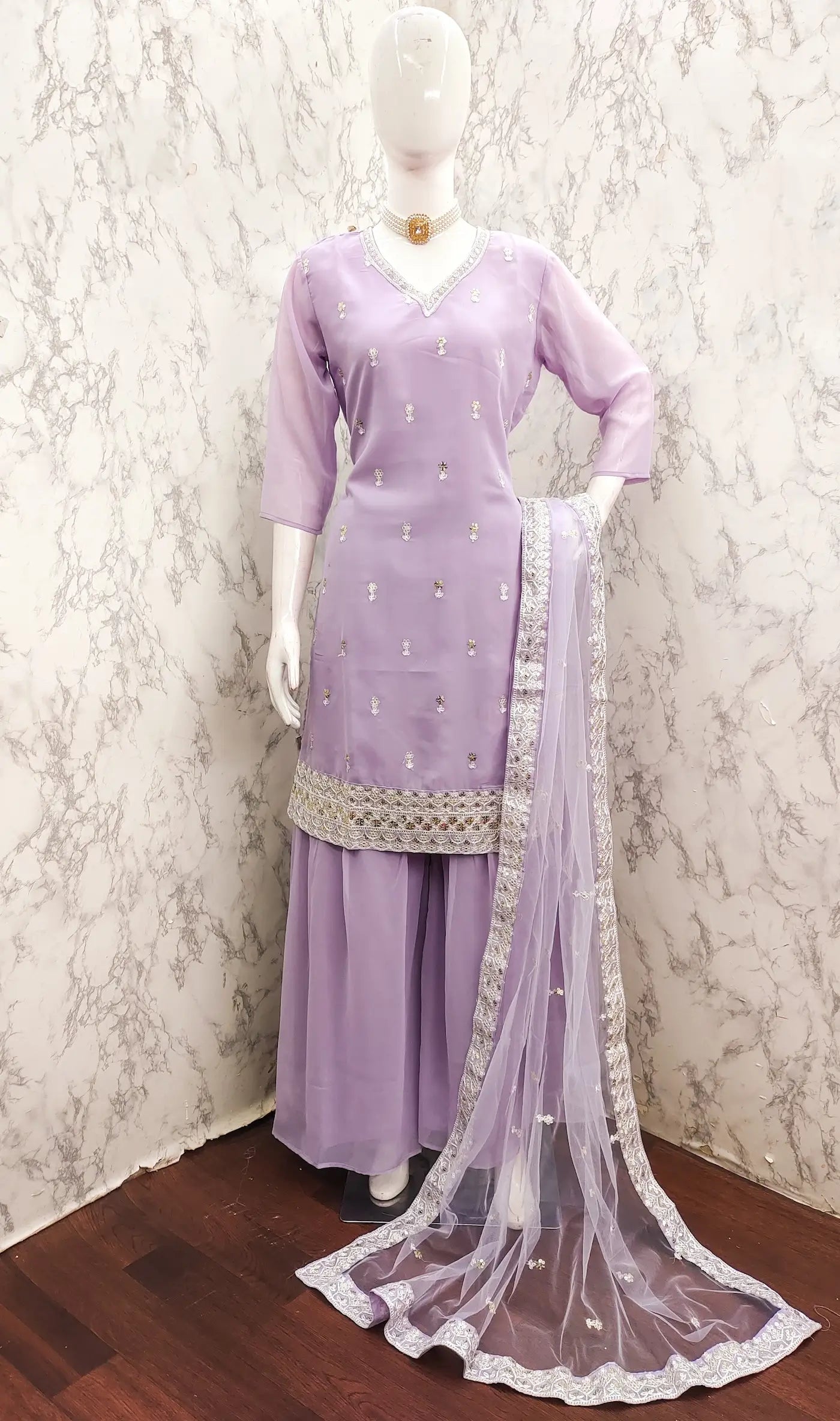 Lavender Georgette Salwar Suit With Sequence Embroidery Work - qivii