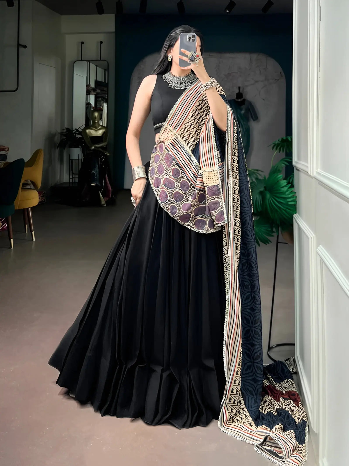 6 Meter Flair | Black Garba Chaniya Choli With Printed Dupatta
