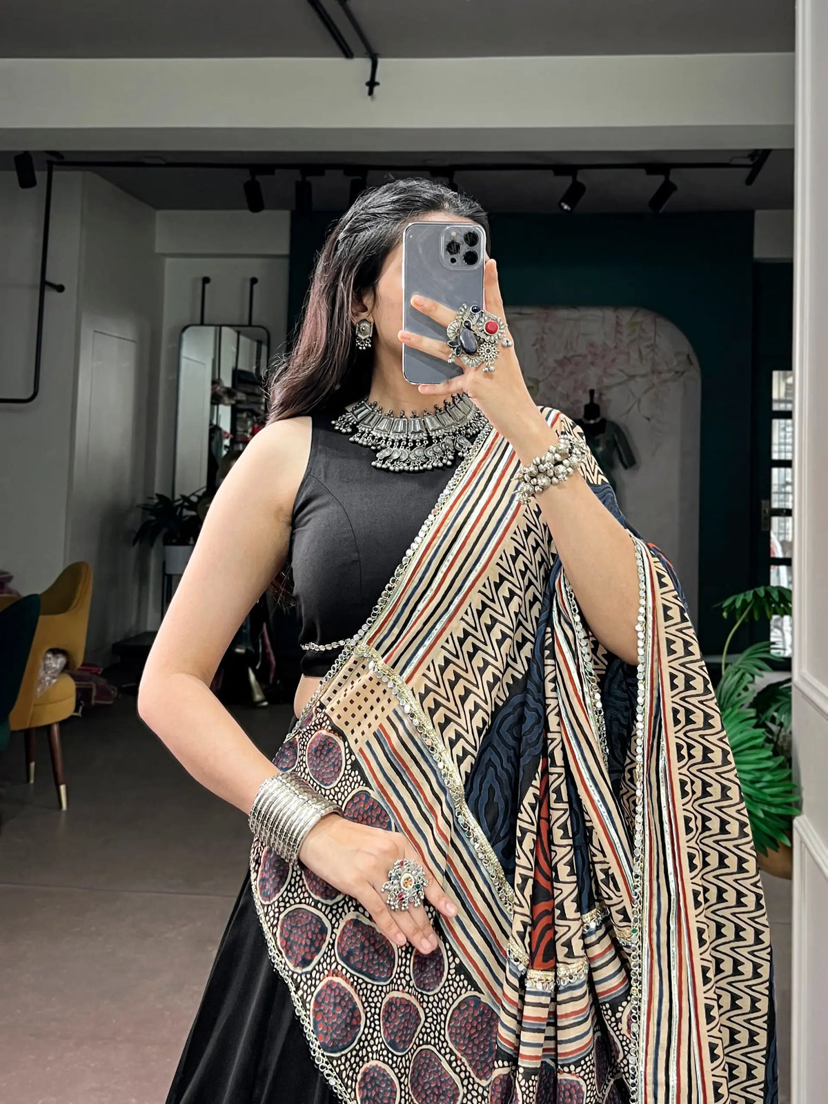 6 Meter Flair | Black Garba Chaniya Choli With Printed Dupatta