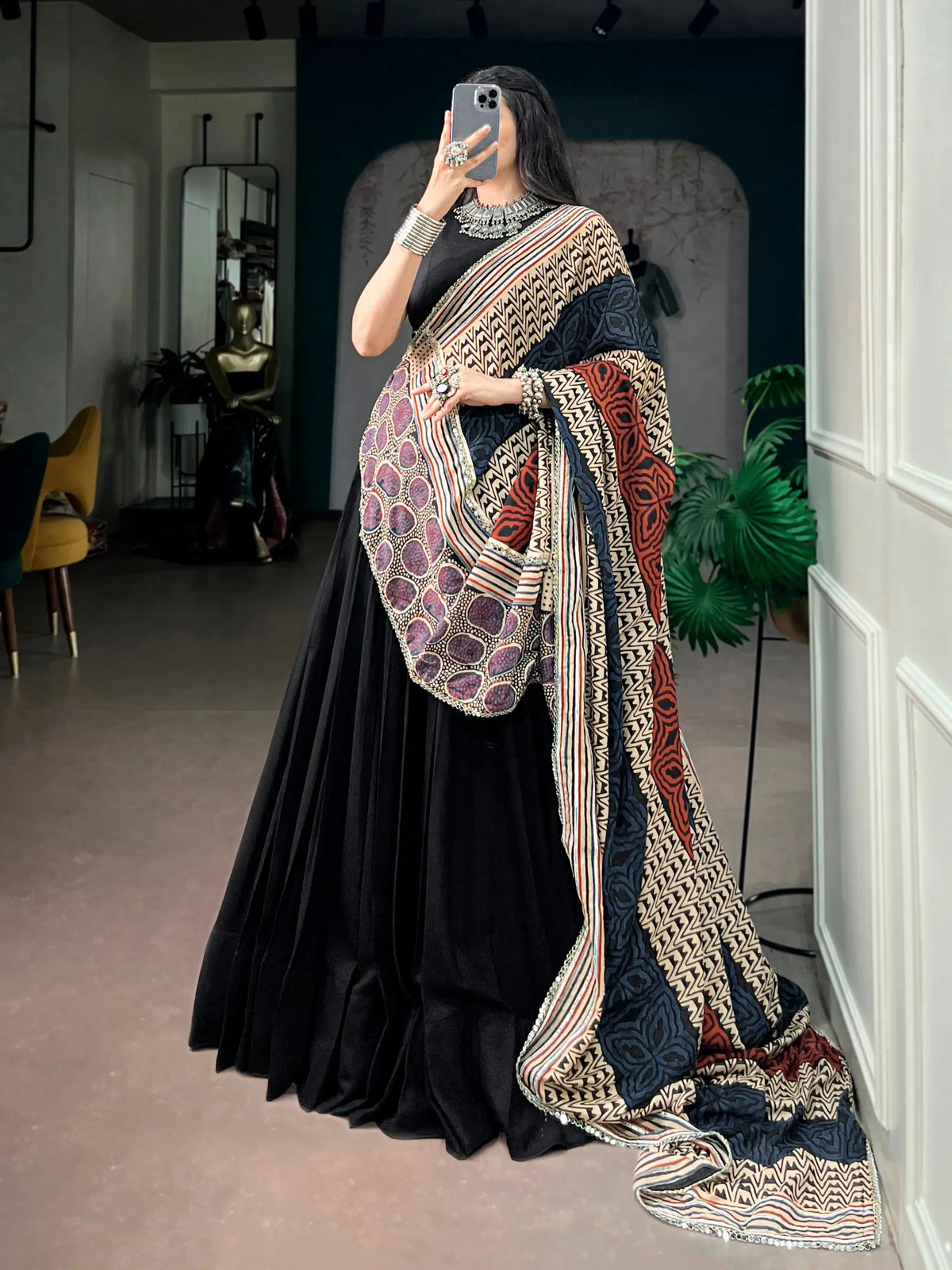 6 Meter Flair | Black Garba Chaniya Choli With Printed Dupatta