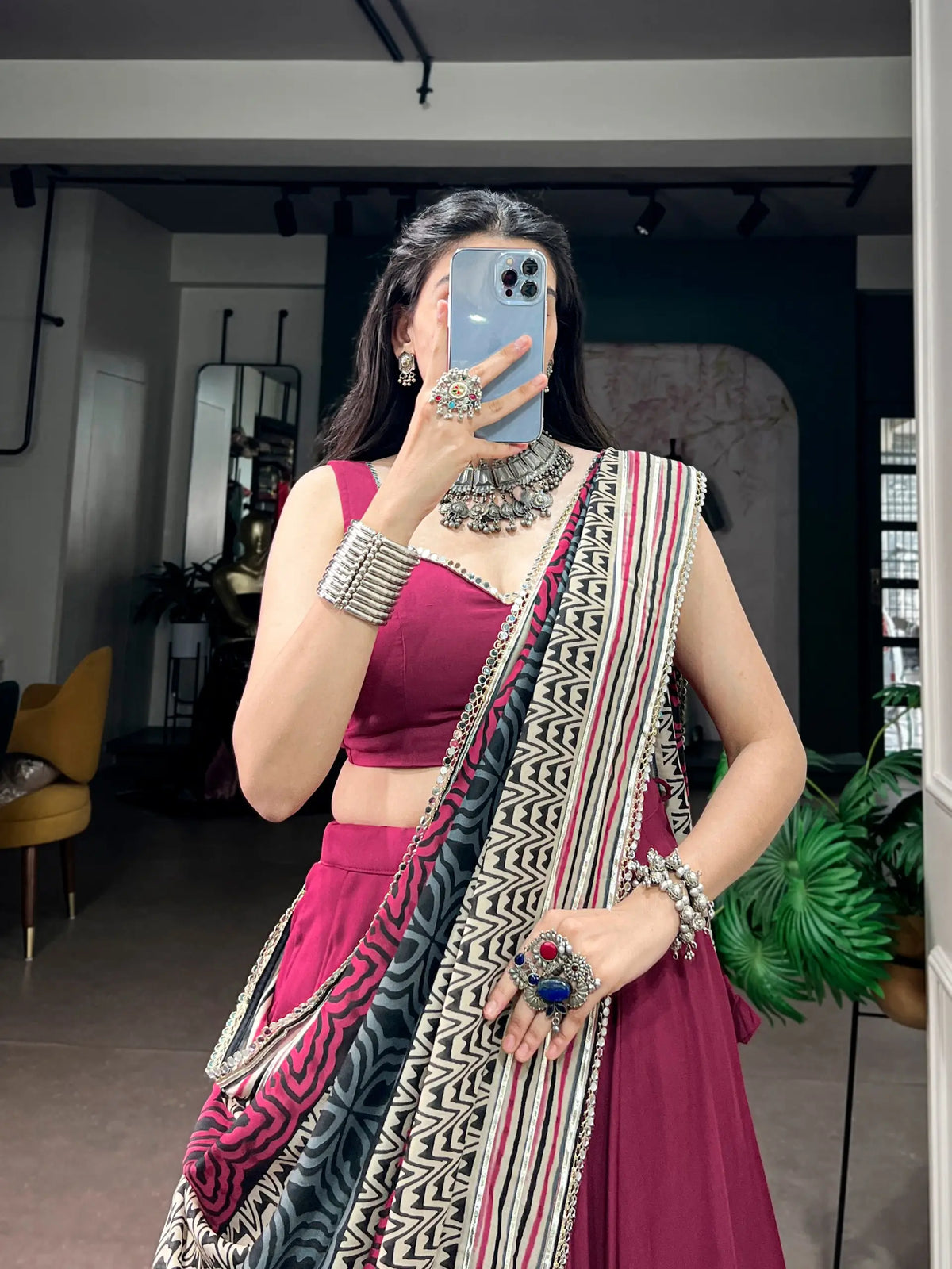 6 Meter Flair | Pink Garba Chaniya Choli With Printed Dupatta