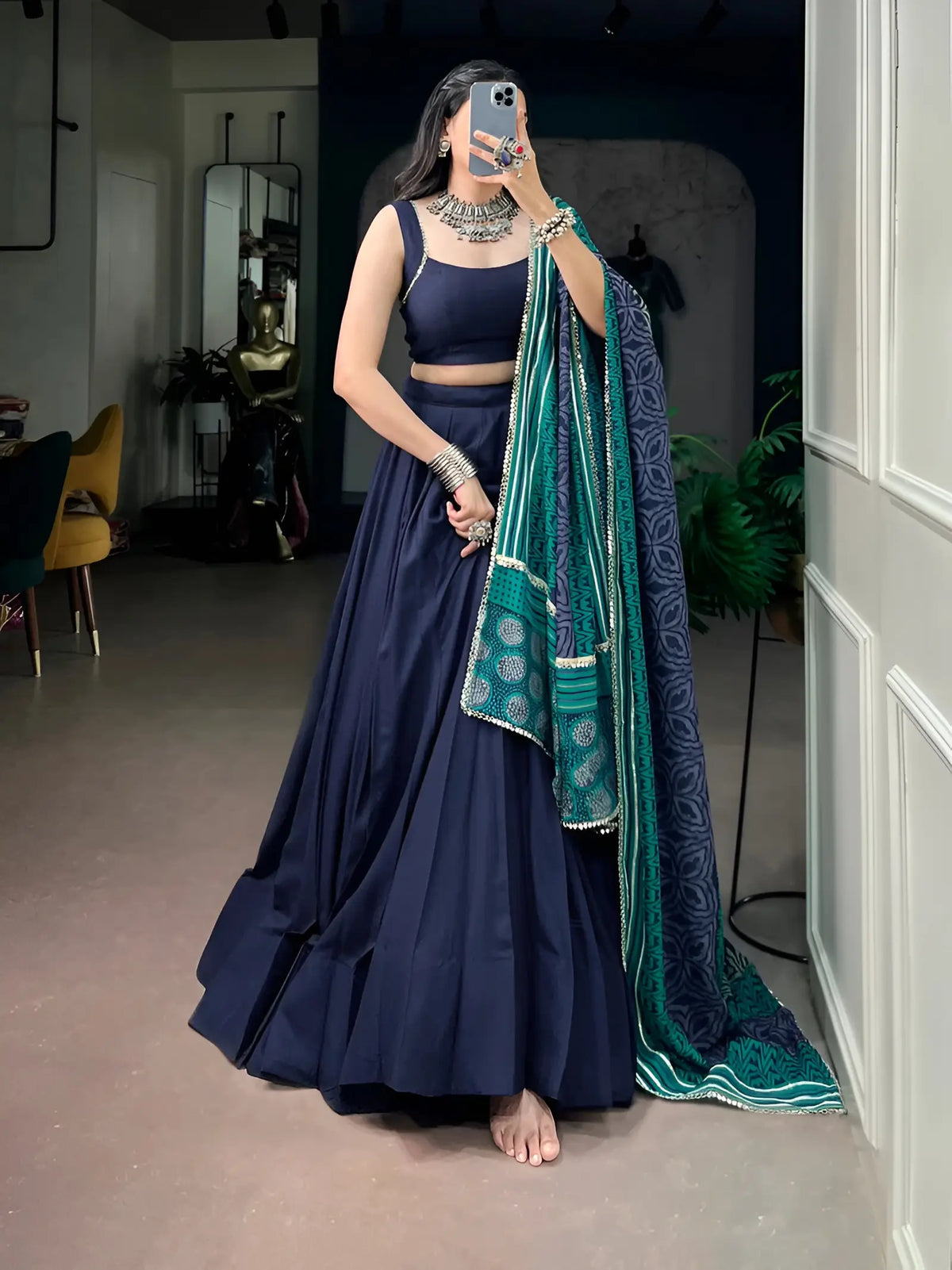 6 Meter Flair | Navy Blue Garba Chaniya Choli With Printed Dupatta