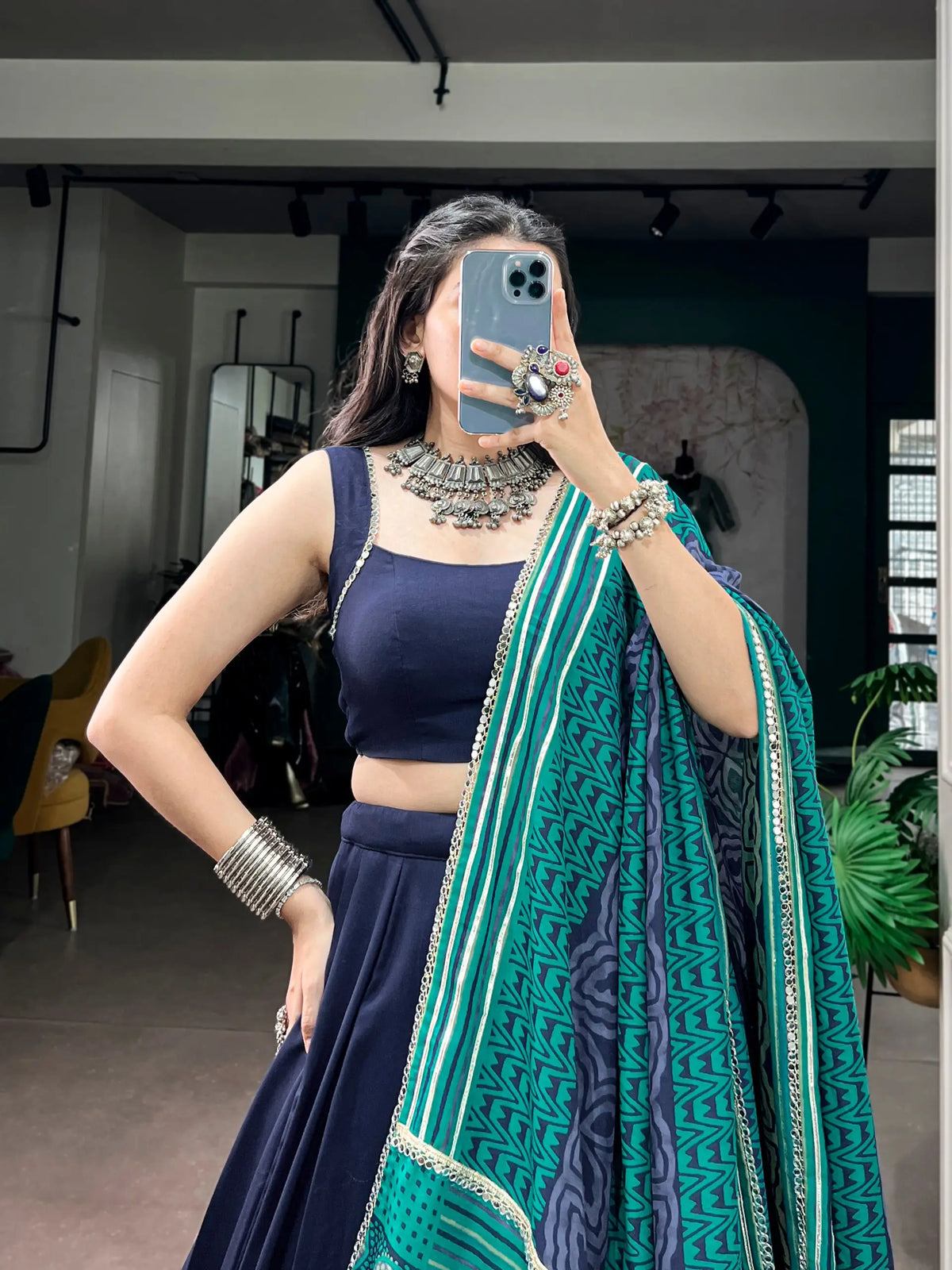 6 Meter Flair | Navy Blue Garba Chaniya Choli With Printed Dupatta