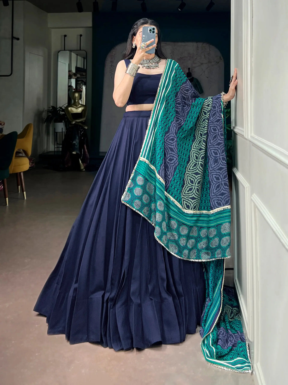 6 Meter Flair | Navy Blue Garba Chaniya Choli With Printed Dupatta