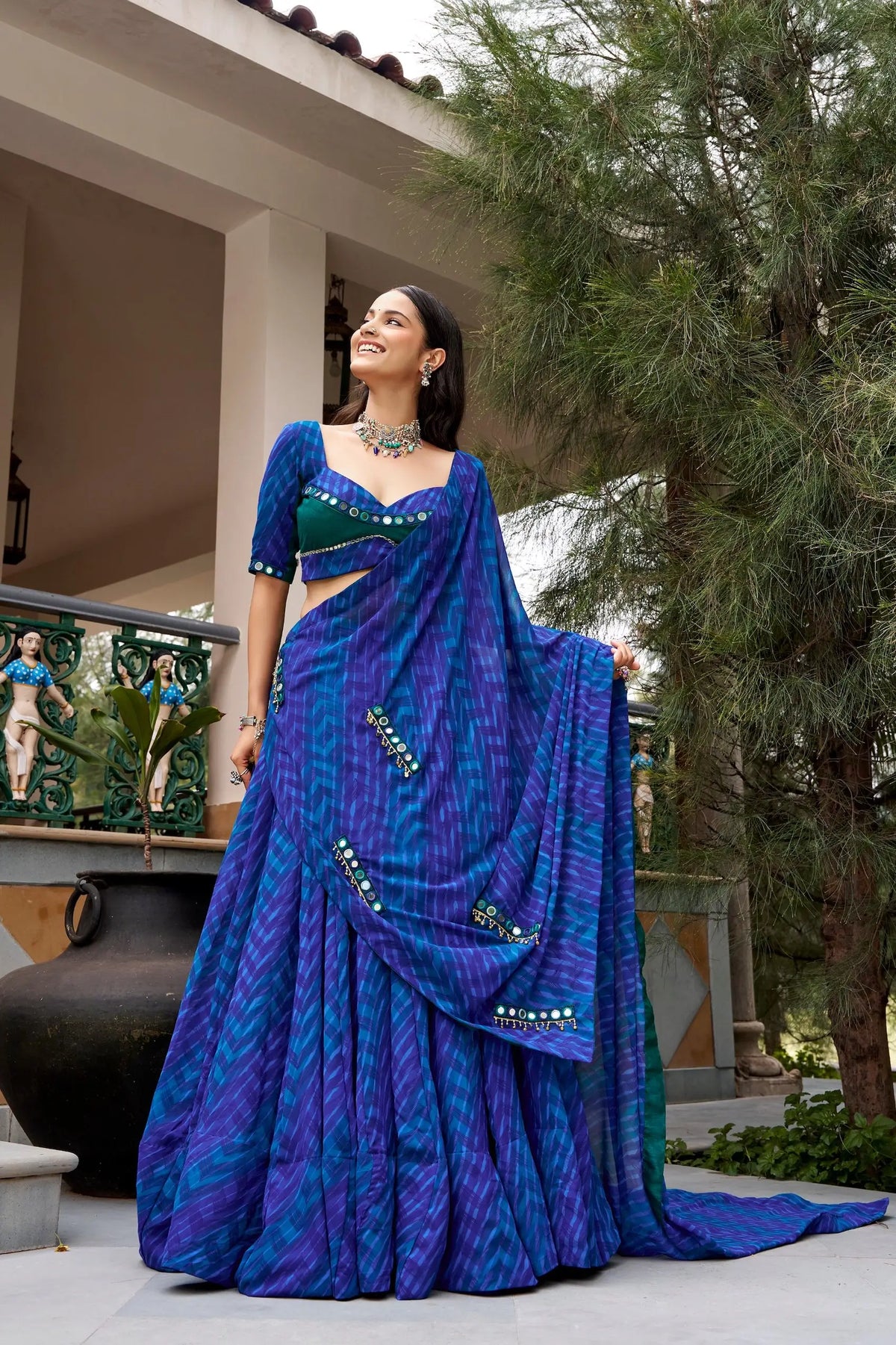 8 Meter Flair | Navy Blue Navratri Lehenga With Print & Mirror Work