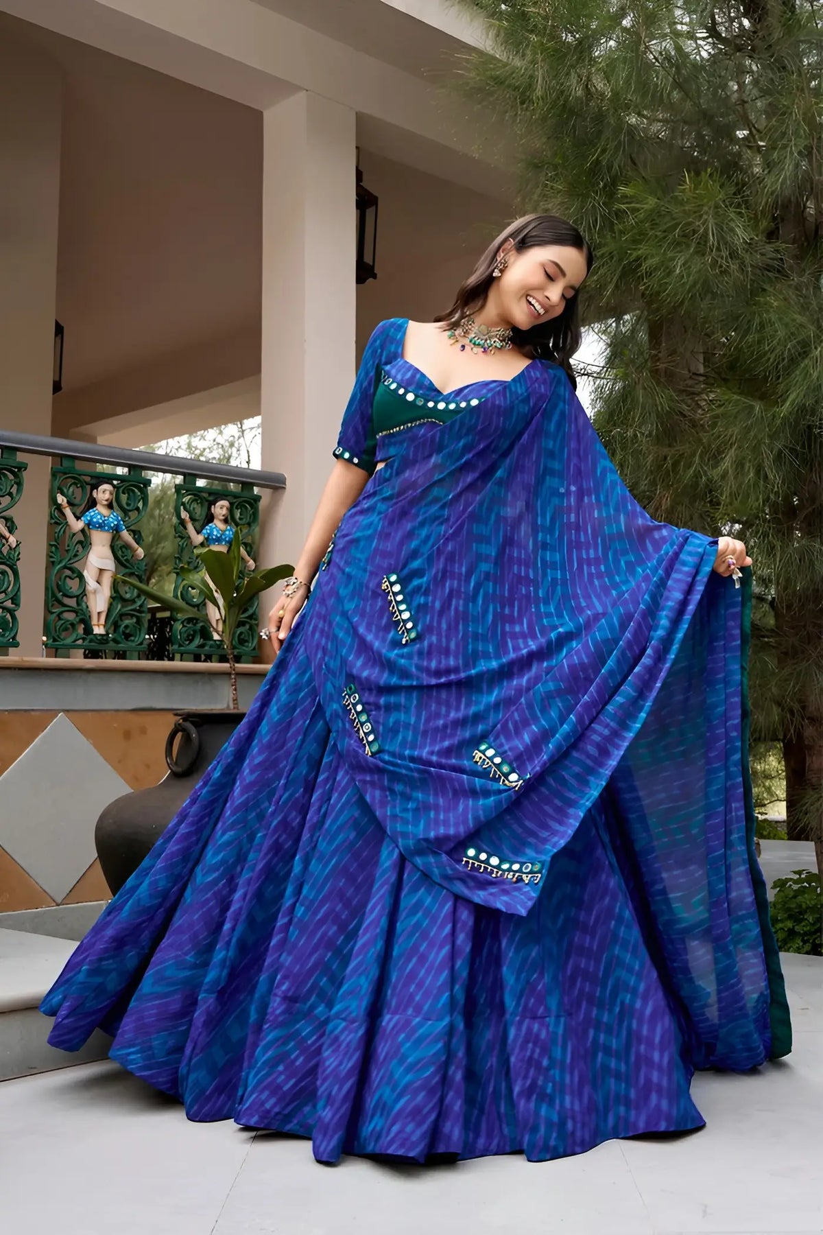 8 Meter Flair | Navy Blue Navratri Lehenga With Print & Mirror Work