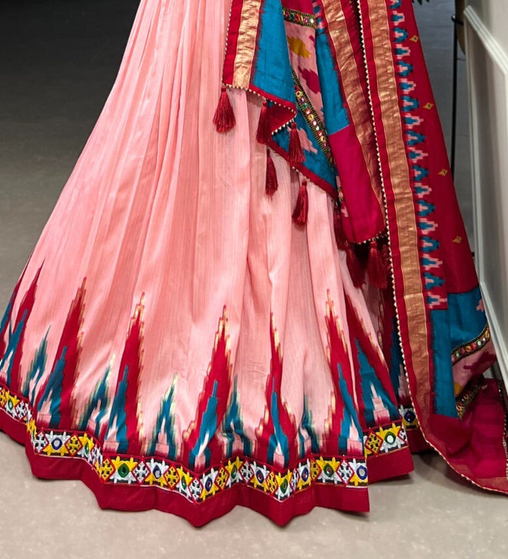 Peach Tussar Silk Print With Foil Work And Original Mirror Gamthi Lace Border Lehenga Choli