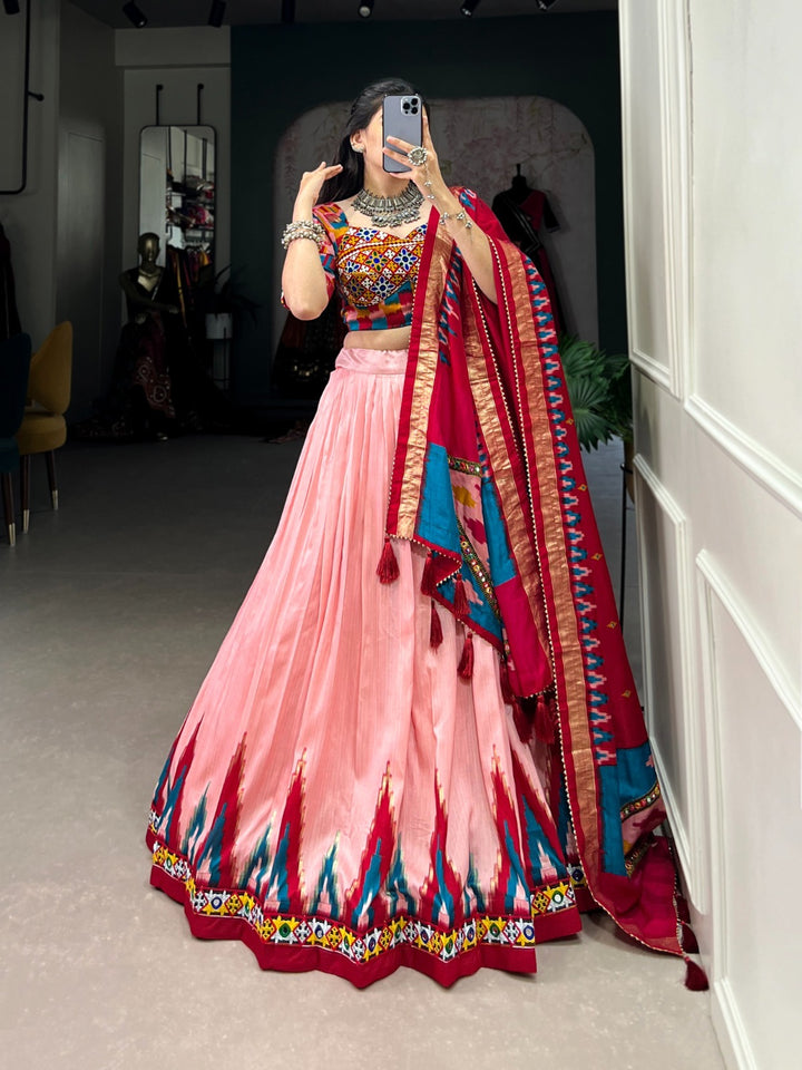 Peach Tussar Silk Print With Foil Work And Original Mirror Gamthi Lace Border Lehenga Choli