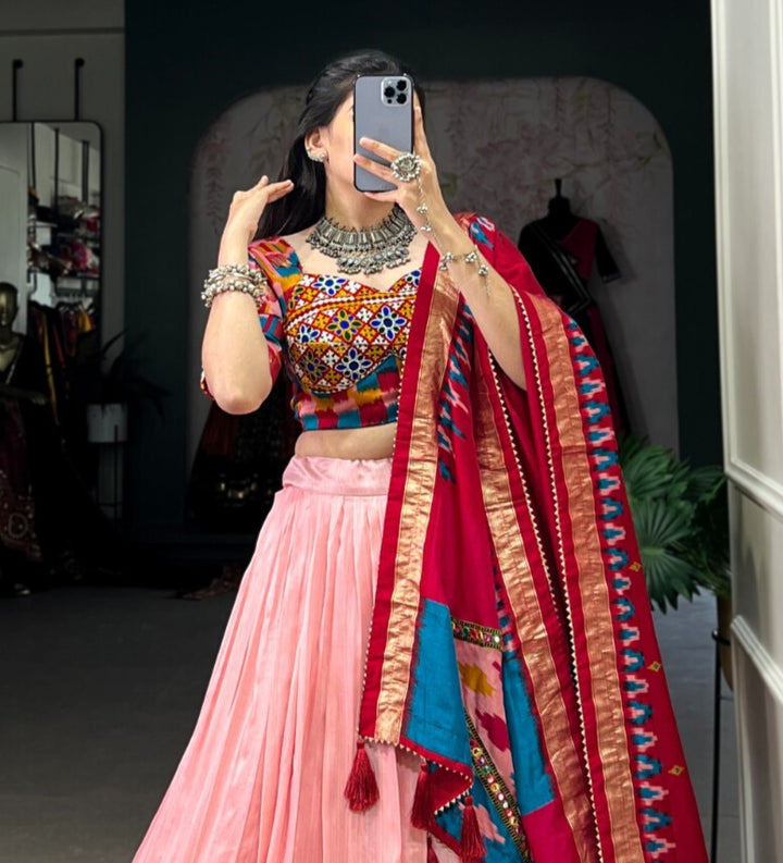 Peach Tussar Silk Print With Foil Work And Original Mirror Gamthi Lace Border Lehenga Choli